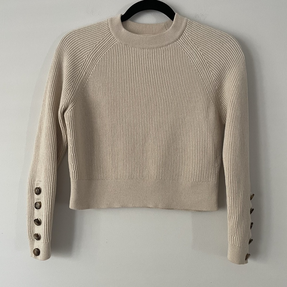 Sezane La Maille Wool Cotton Ribbed Knit Sweater Cream XS Cropped Jumper Buttons